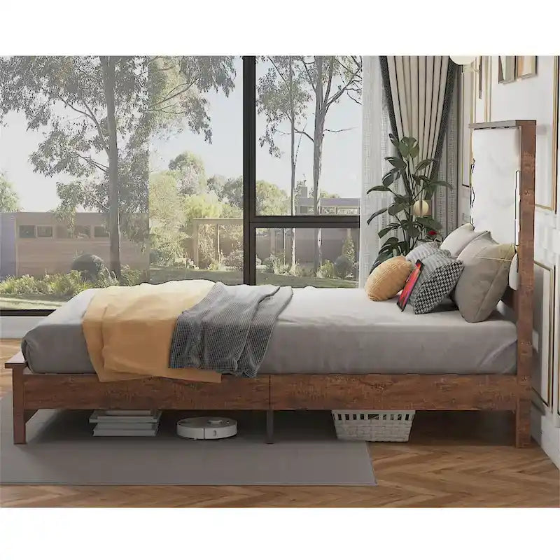 King Size Upholstered Bed Frame with Integrated Charging Station