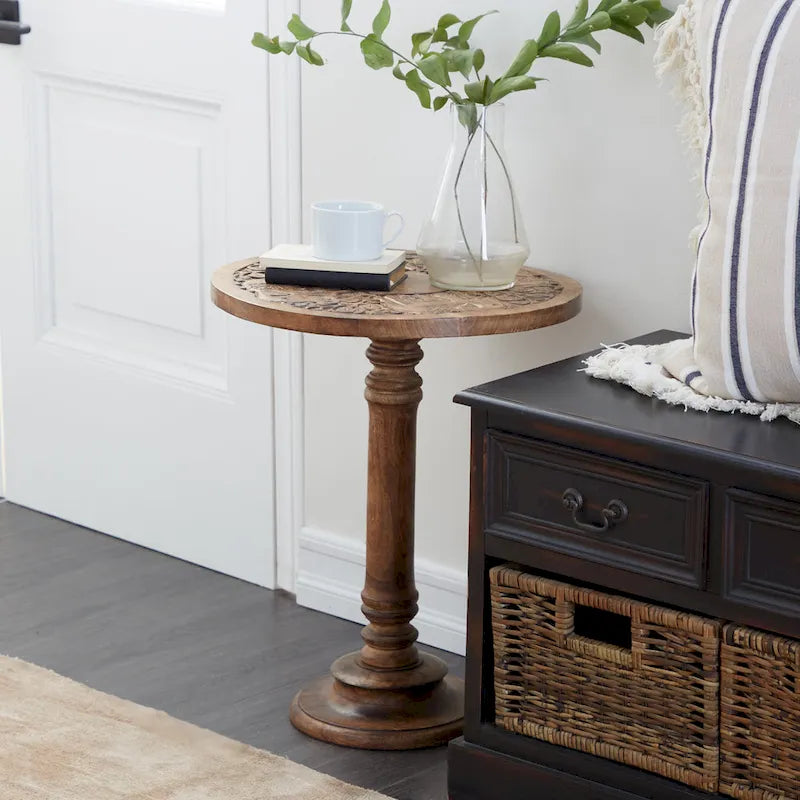 Intricately Carved Dark Brown Mango Wood Accent Table with Elephant or Floral Design and Turned Base - Roche River Decor