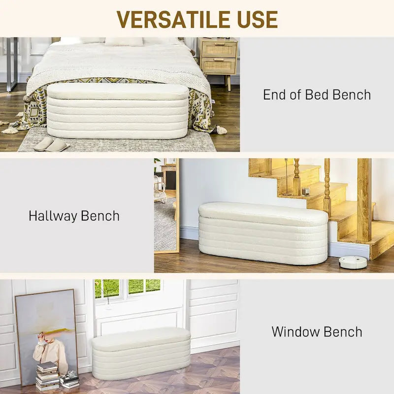 HOMCOM 46-Inch Teddy Fleece Upholstered Storage Ottoman Bench with Wood Frame – Stylish Boucle Storage Solution for Bedroom and Living Room