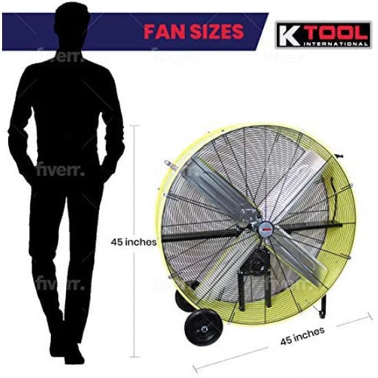 42�测�� Belt Drive Drum Fan; Industrial, Garage, Shop, High Speed 2-Speed, Durable, Cut-Off Protection, Easy Mobility Rubber Wheels; SAFETY YELLOW.