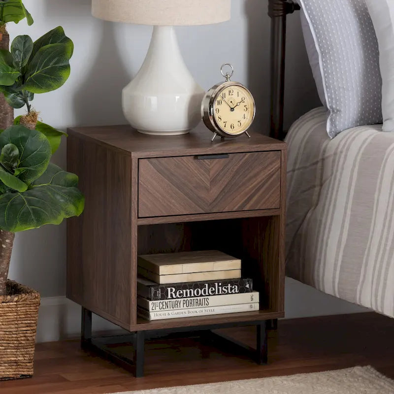 Sadia Contemporary Walnut Brown Wood and Black Metal 1-Drawer Side Table