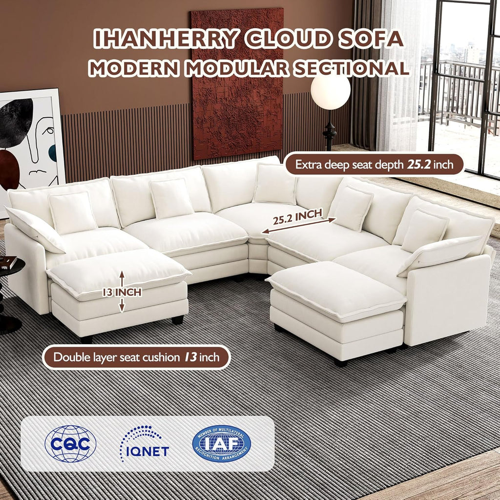 Ihanherry 146" U-Shaped Modern Sofa Modular Sectional Cloud Couch with 2 Ottoman, 6-Seat Chenille Deep Seat Sofa with 6 Pillows for Living Room, Bedroom and Apartment, Grey