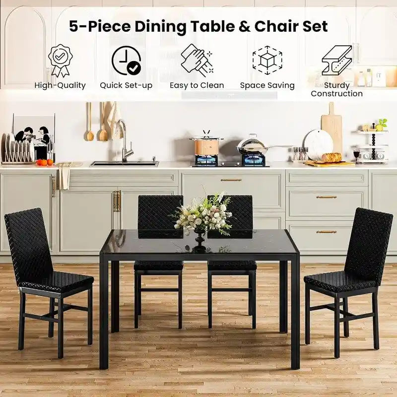 Grondin Contemporary 5-Piece Dining Set with Tempered Glass Table and 4 Diamond-Stitched PU Leather Chairs