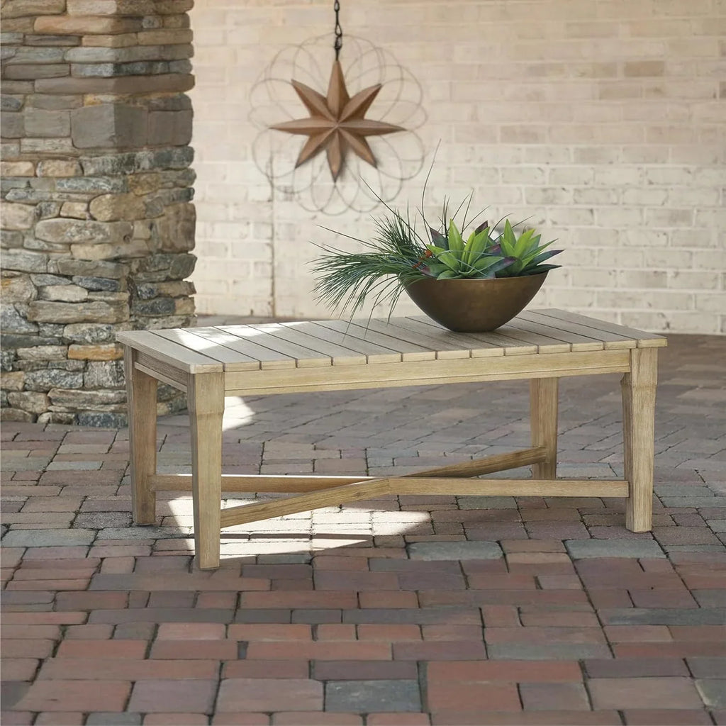 Signature Design by Ashley Clare View Coastal Outdoor Patio Eucalyptus Sofa with Cushions, Beige