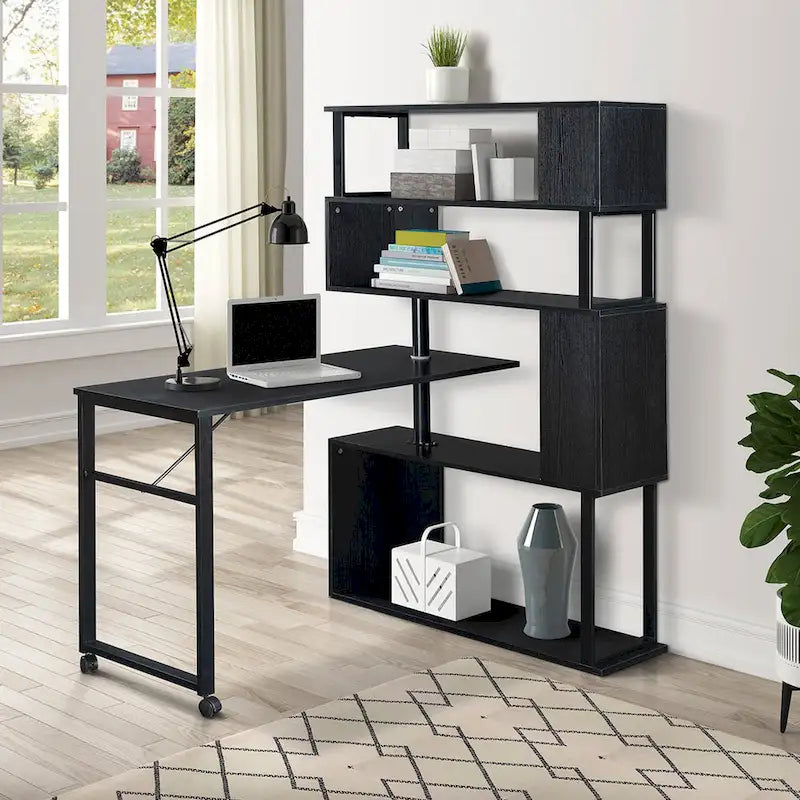 L-Shaped Corner Computer Desk with Rotating Features and 5-Tier Bookshelf for Home Office
