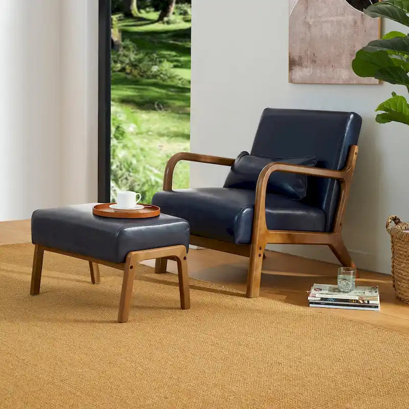 Glitzhome 30.75-Inch Mid-Century PU Leather Armchair and Ottoman Set