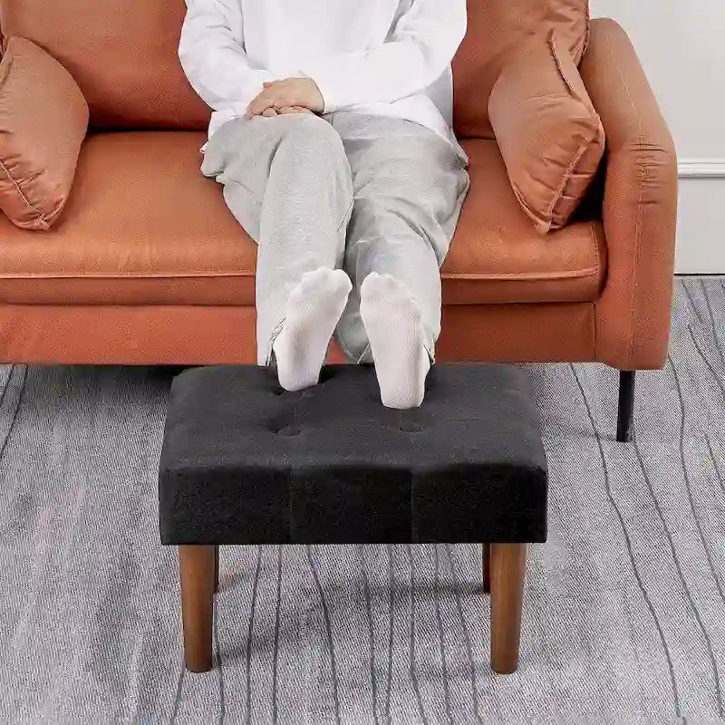 Set of 2 Small Linen Foot Stools with Legs - Rectangle Upholstered Ottoman Footrests