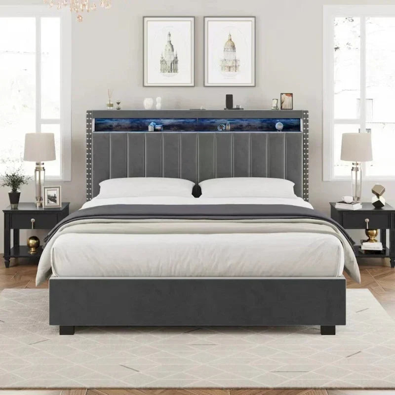 King Size Velvet Gas Lift Storage Bed with LED RF Lights and Storage Headboard
