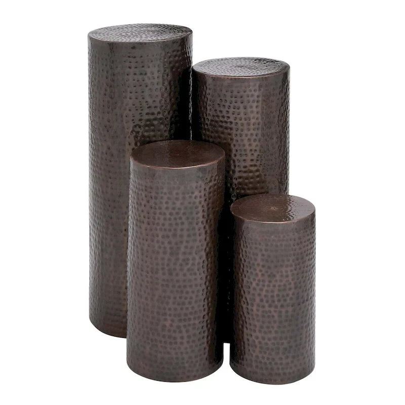 Set of 4 Brown Metal Abstract Tall Slim Pedestal Tables with Grooved Shell or Hammered Finish - Roche River Decor