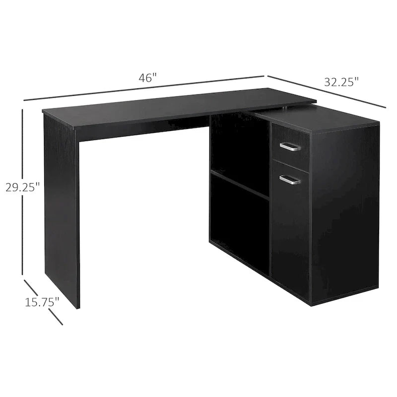 HOMCOM L-Shaped Corner Computer Desk with Rotating Storage Shelves and Drawer for Home and Office Workspaces