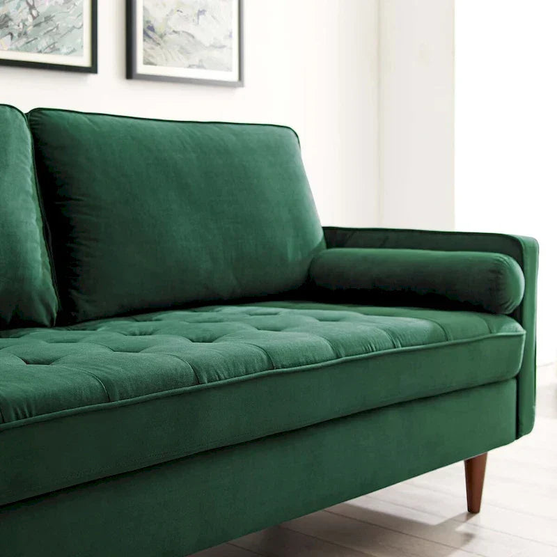 Mid Century Velvet Sofa with Tufted Back and Wooden Legs