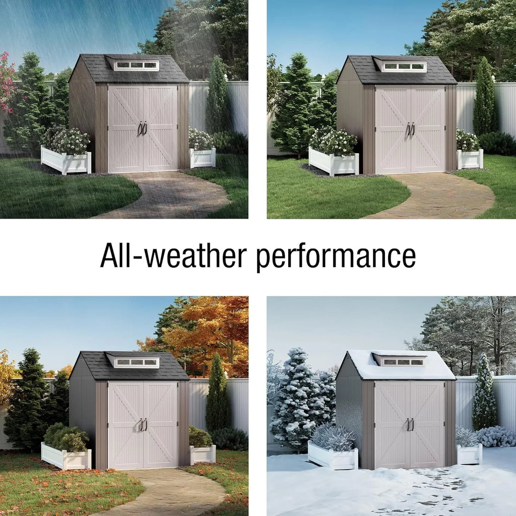 Rubbermaid resin garden shed with floor (2.13 x 2.13 m), weatherproof, grey, for storing garden tools, lawnmowers, bicycles and pool accessories