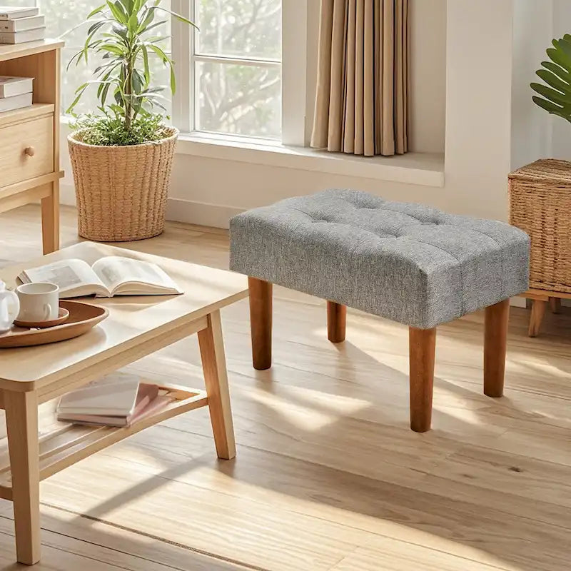 Set of 2 Small Linen Foot Stools with Legs - Rectangle Upholstered Ottoman Footrests
