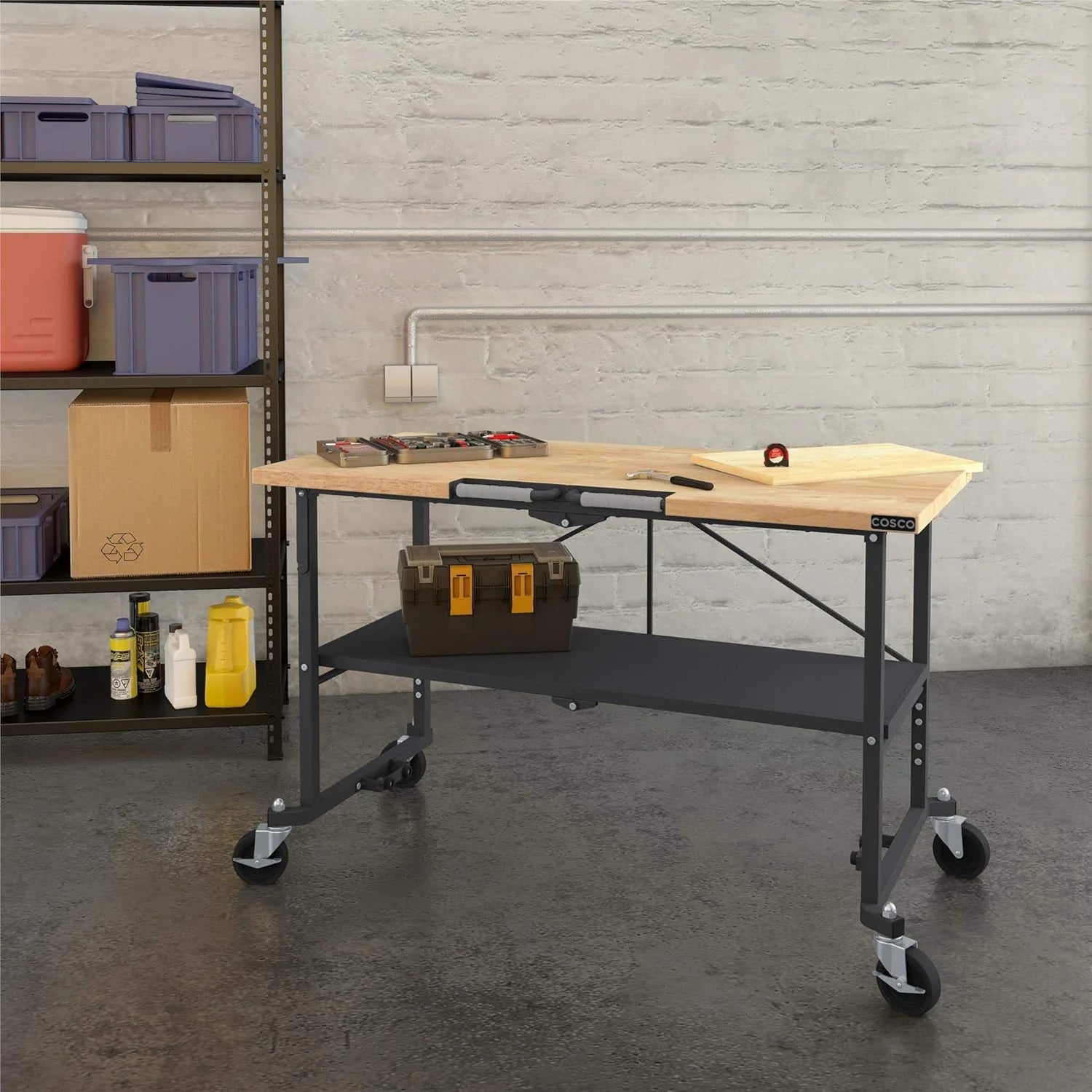 COSCO SmartFold Butcher Block Workbench, 700LB Capacity, Gray