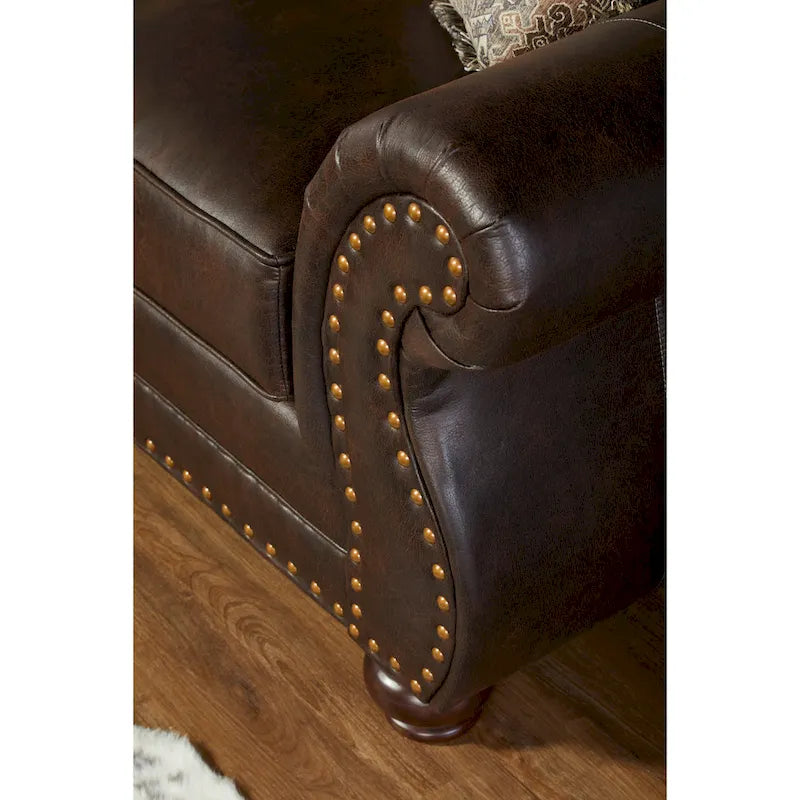 Roundhill Furniture Leinster Espresso Fabric Upholstered Sofa and Loveseat Set with Nailhead Trim
