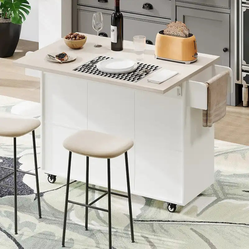 Kitchen Island with Built-In Trash Can Storage and Drop Leaf Cart