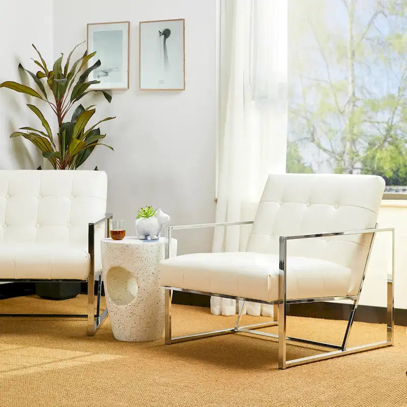 Glitzhome Set of 2 Mid-Century Tufted Accent Chairs in 29.25W PU Leather