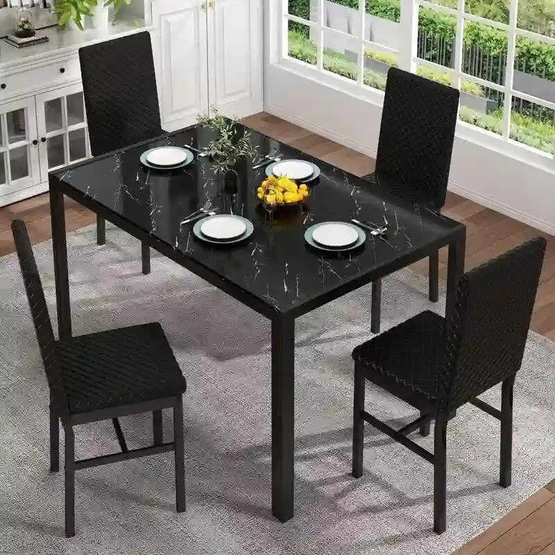 Grondin Contemporary 5-Piece Dining Set with Tempered Glass Table and 4 Diamond-Stitched PU Leather Chairs