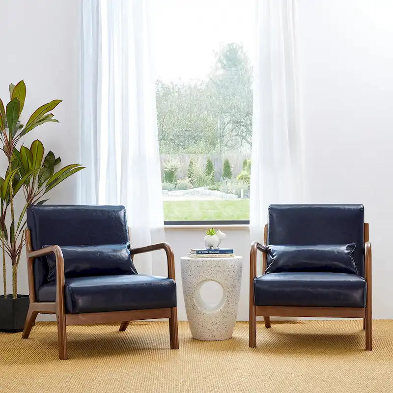 Glitzhome Set of 2 Mid-Century Modern PU Leather Accent Chairs - 30.75H with Cushions (25.75W x 33.75D)