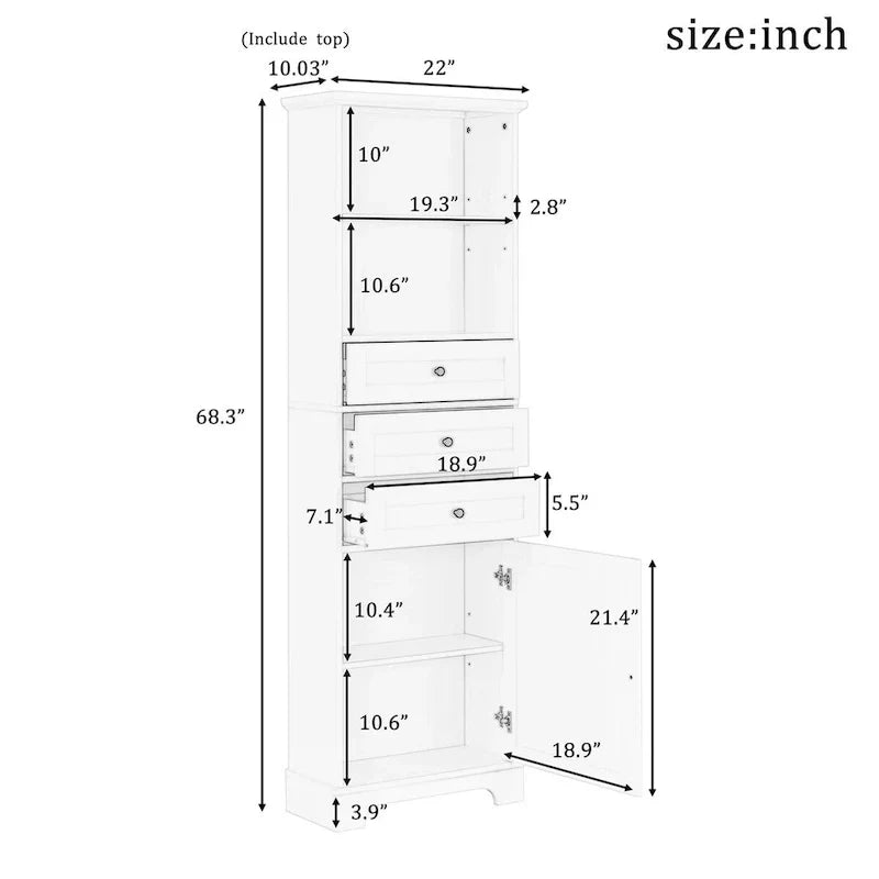 Merax Vertical Bathroom Storage Cabinet with 3 Drawers and Adjustable Shelves