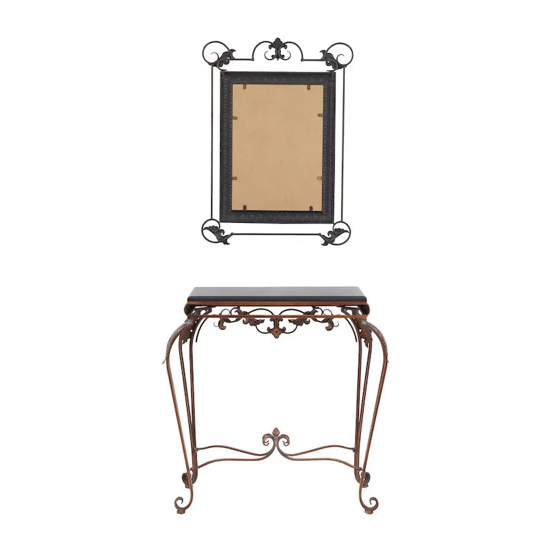 Set of 2 Bronze Metal Leaf Console Tables with Mirrors and Scrolled Legs - Roche River Decor - Dimensions: 1W x 23L x 32H