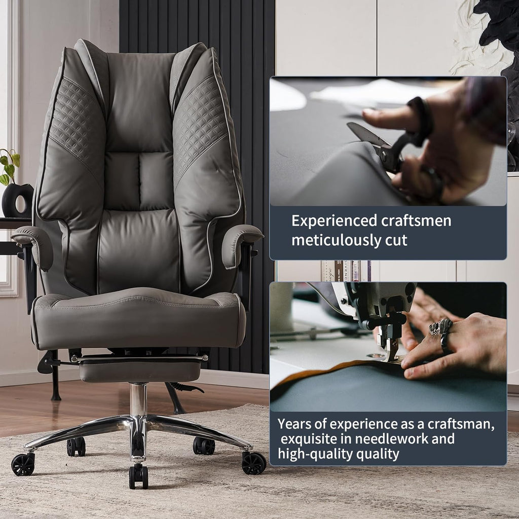 Large Tall Office Chair 400 lbs Wide Seat, Leather High Back Executive Office Chair with Footrest, Ergonomic Office Chair Lumbar Support to Relieve Lower Back Pain (Beige)