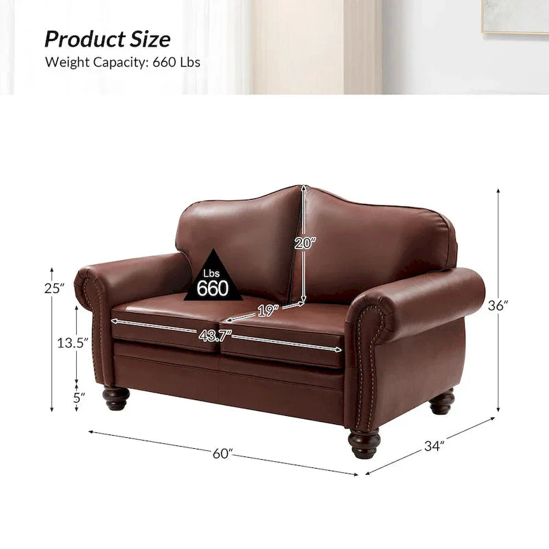 Leather Loveseat Sofa with Rolled Arms and Nailhead Trim