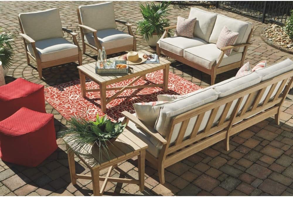 Signature Design by Ashley Clare View Coastal Outdoor Patio Eucalyptus Sofa with Cushions, Beige