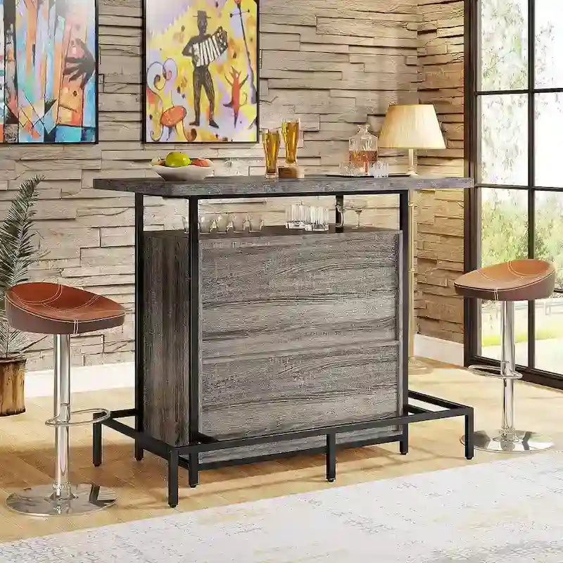 Home Bar Cabinet with Wine Storage Shelves Glass Rack and Footrest