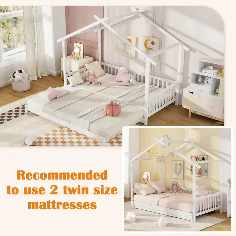Gymax Twin to King Wooden House Bed Daybed with Safety Rails & Customizable Design
