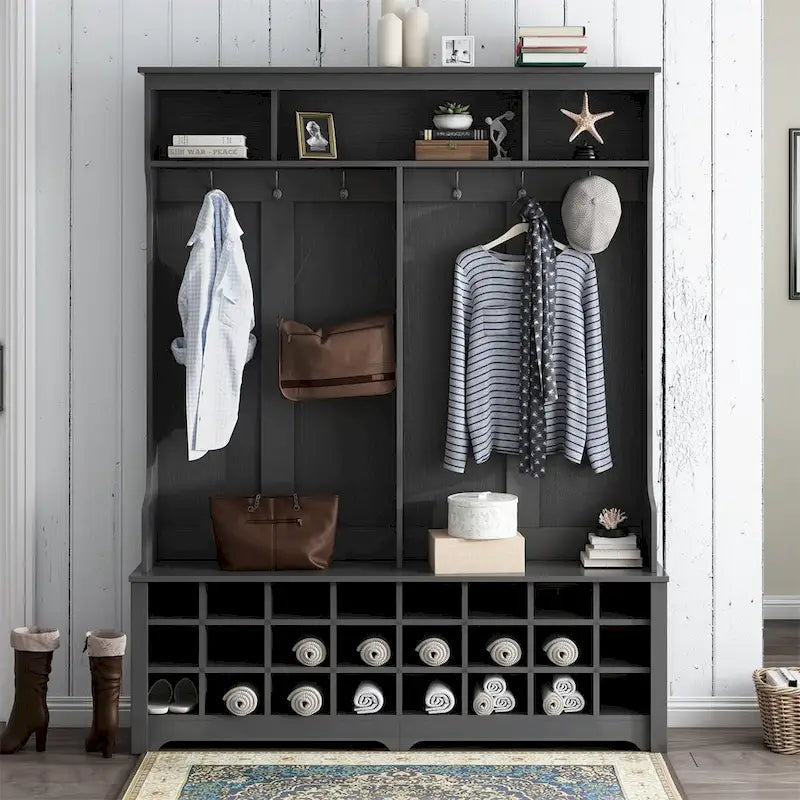 Merax Versatile Hall Tree with Hooks, Shelves, and 24 Shoe Storage Cubbies