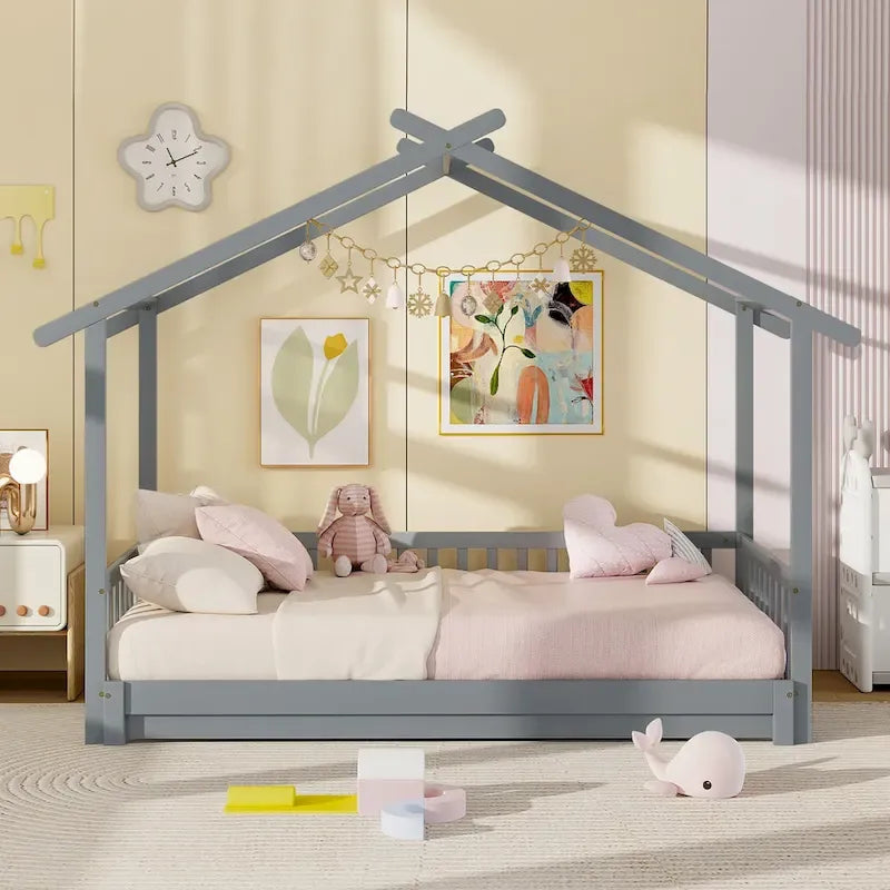 Gymax Twin to King Wooden House Bed Daybed with Safety Rails & Customizable Design