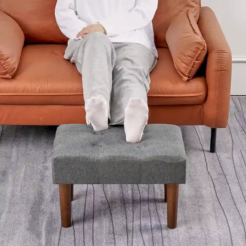 Set of 2 Small Linen Foot Stools with Legs - Rectangle Upholstered Ottoman Footrests
