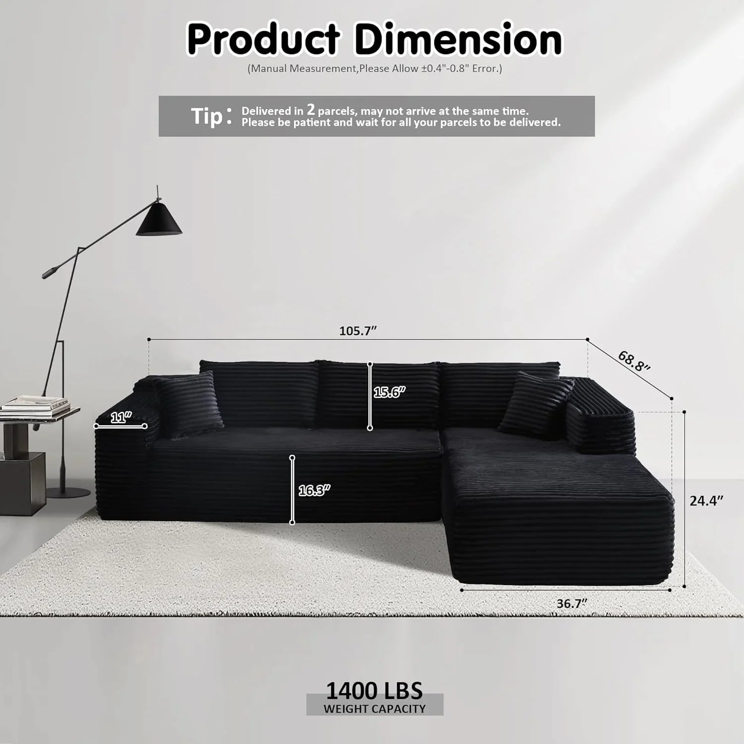 ovios 104" Cloud Sectional Couch with L-Shape Chaise,Modern Modular Sofa with Deep Seat, Upholstered Couches for Living Room Bedroom,No Assembly Required, Grey (Plush Corduroy Fabric)