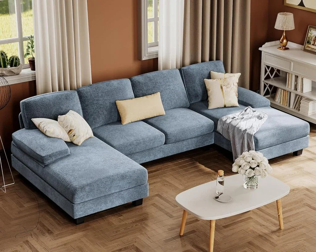 Furmax Sectional Couches for Living Room, U-Shaped Sofa Couch with Linen Fabric, 4 Seat Sofa Set with Double Chaise for Apartment (Fabric, Grey)