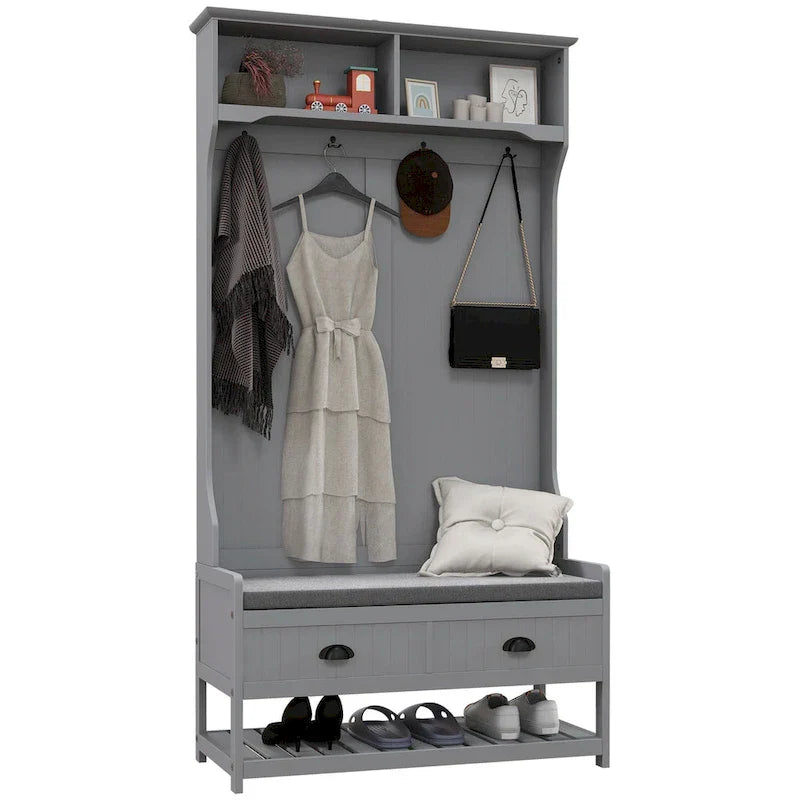 HOMCOM Gray Hall Tree Organizer with Coat Rack, 4 Hooks, 2 Drawers, and Padded Seat Cushions for Entryway