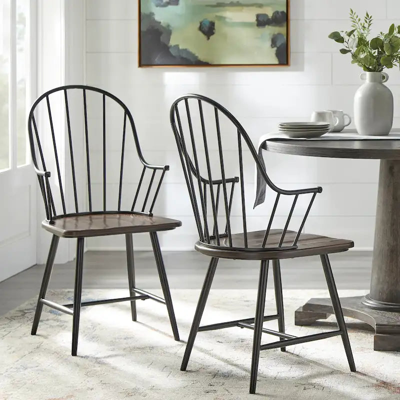 Set of 2 Farmhouse Spindle Arm Chairs Metal Frame with Wood Seat