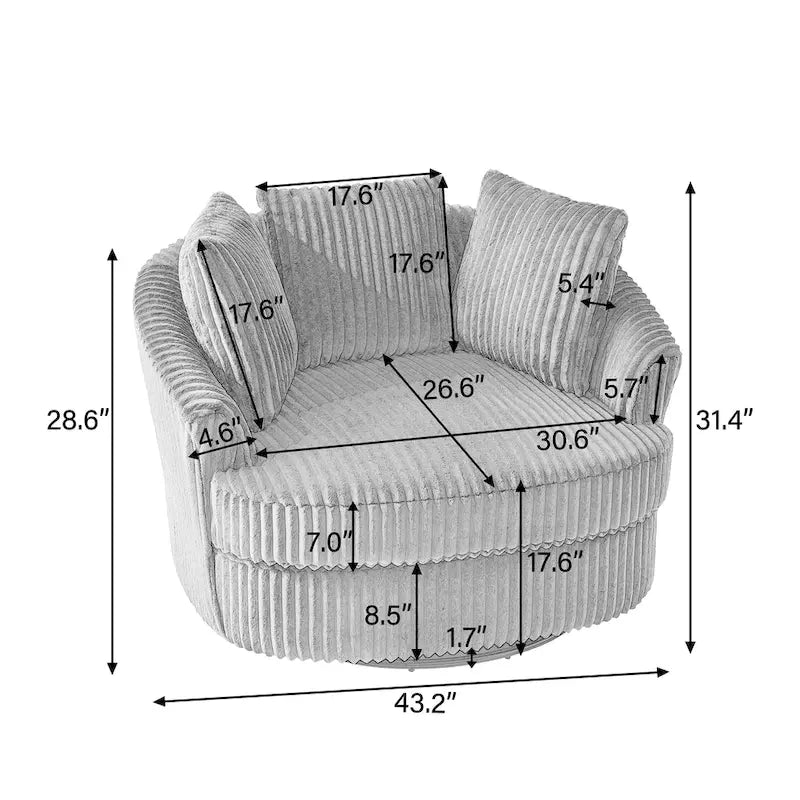 Set of 2 Oversized 43" Plush Corduroy Swivel Barrel Chairs with Cushions
