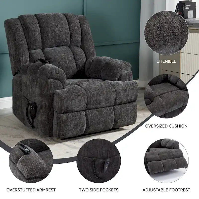 Grey Oversized Chenille Power Lift Recliner with Massage, Heating, and Flat Lay Feature