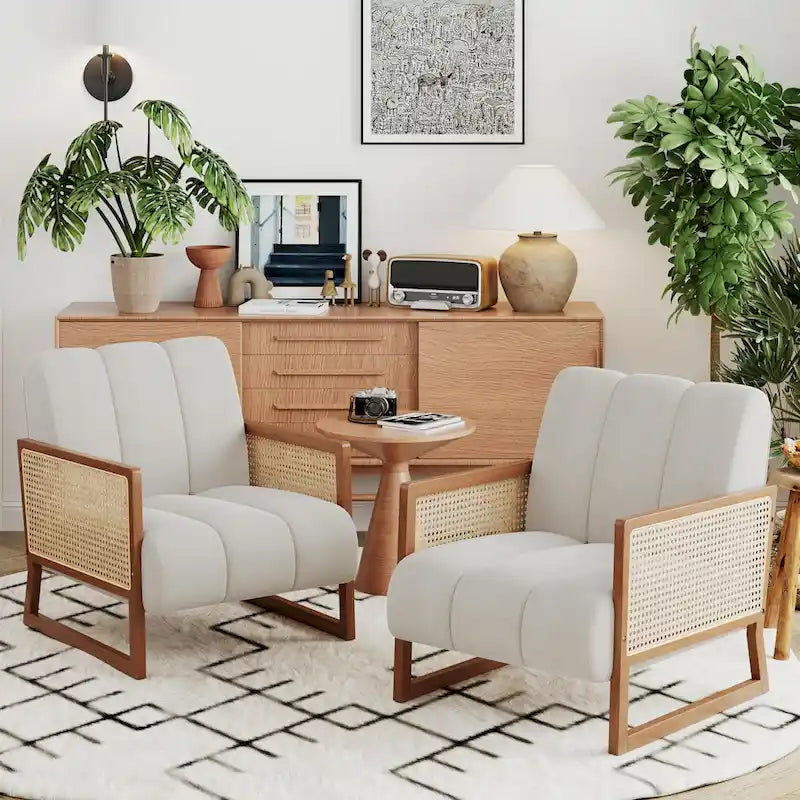 Mid-Century Modern Upholstered Rattan Accent Chairs - Natural Linen Armchairs for Living Room and Bedroom
