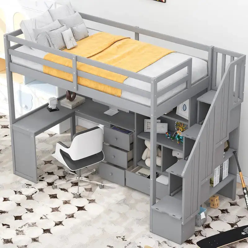 Loft Bed with Desk Storage Drawers Shelves and Staircase