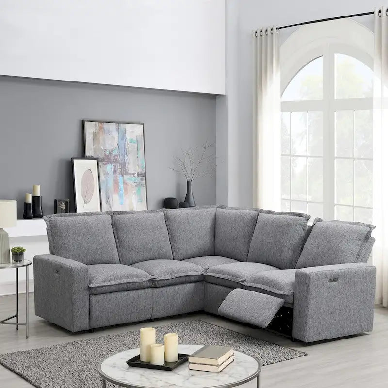 Linen Upholstered Power Recliner L-Shaped Sectional Sofa with USB Port - Soft Home Theater Seating for Living Room