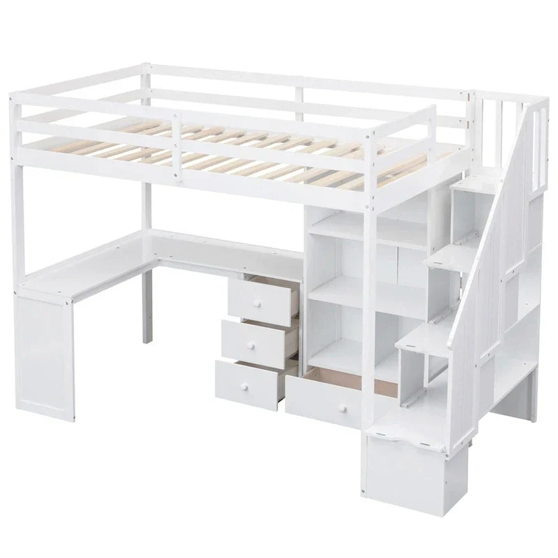 Loft Bed with Desk Storage Drawers Shelves and Staircase