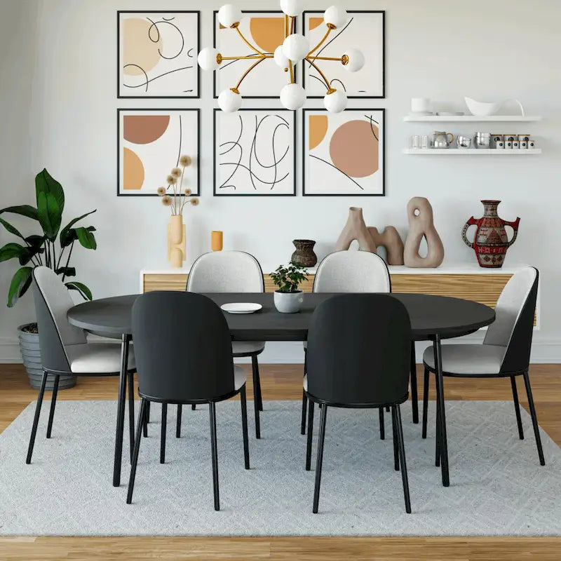 LeisureMod Tule Collection 7-Piece Black Steel Dining Set with 6 Chairs and Table