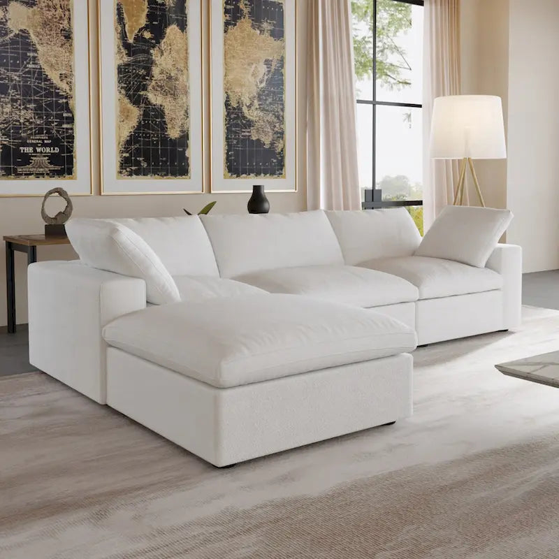 Sectional Couch with L-Shaped Design and Linen Upholstery, Featuring Multiple Cushions