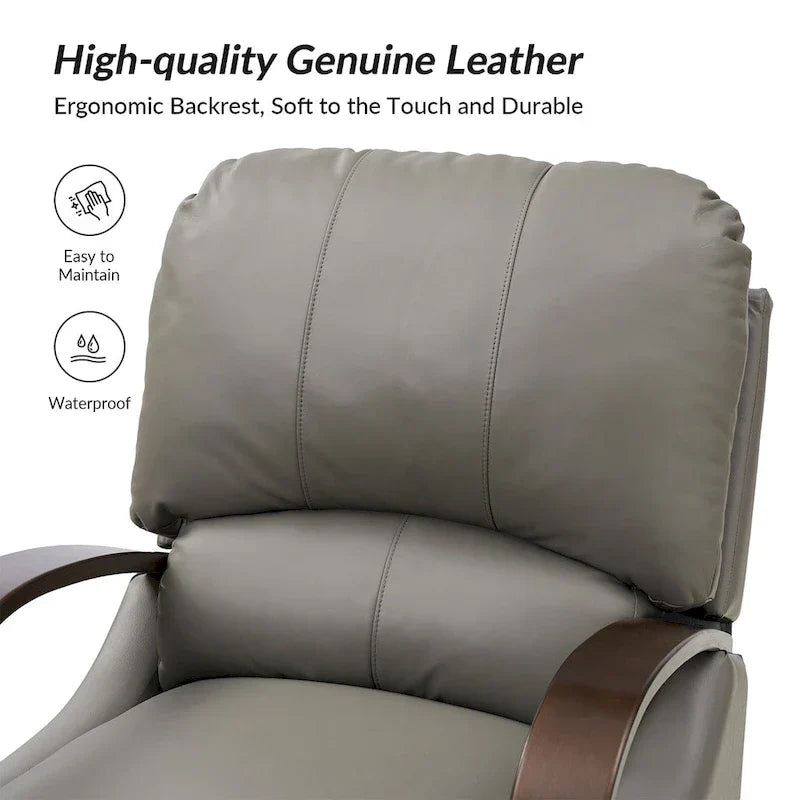 Set of 2 Alex Mid-Century Modern Genuine Leather Manual Recliners with Curved Wooden Arms