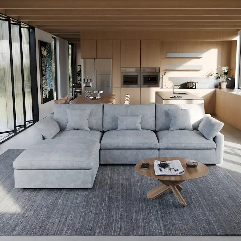 Sectional Couch with L-Shaped Design and Linen Upholstery, Featuring Multiple Cushions