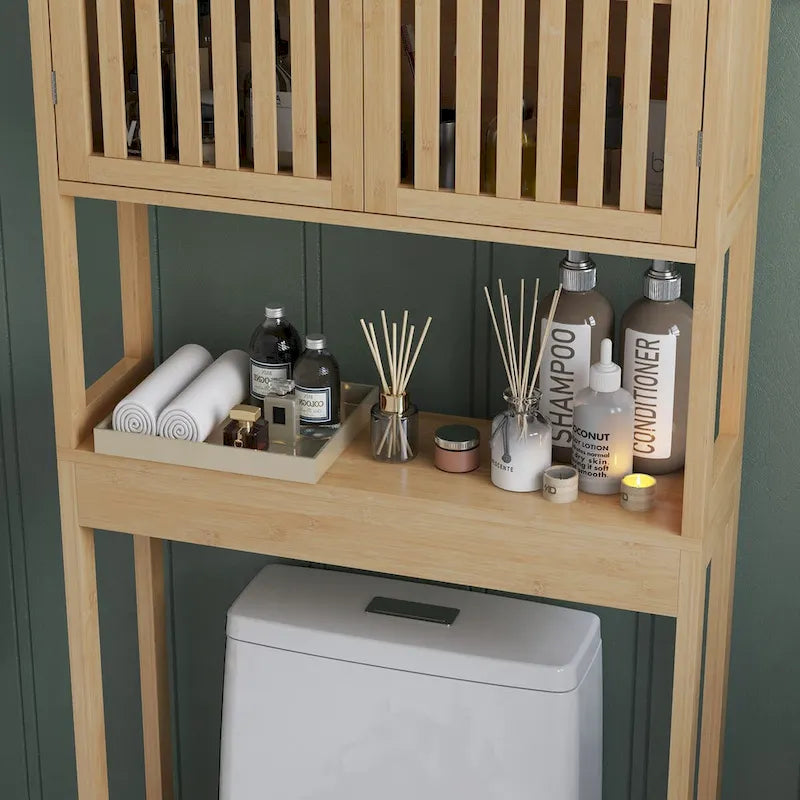 HOMCOM Bamboo Over-the-Toilet Storage Cabinet with Slatted Doors and Adjustable Shelf - Bathroom Organizer