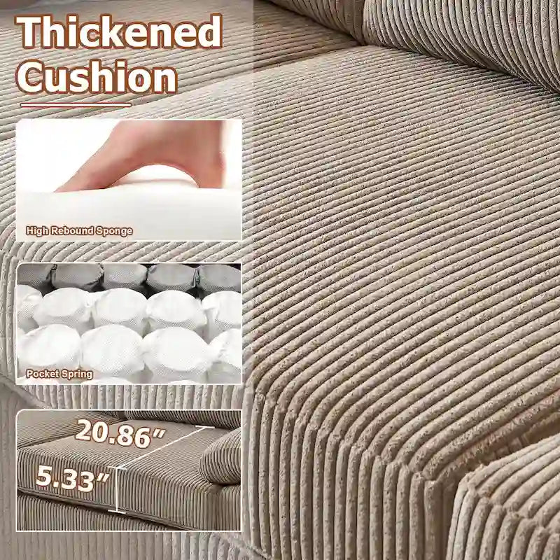 HOOOWOOO Reversible Corduroy Chaise Sofa with Wide Armrests and Ottoman for Living Room