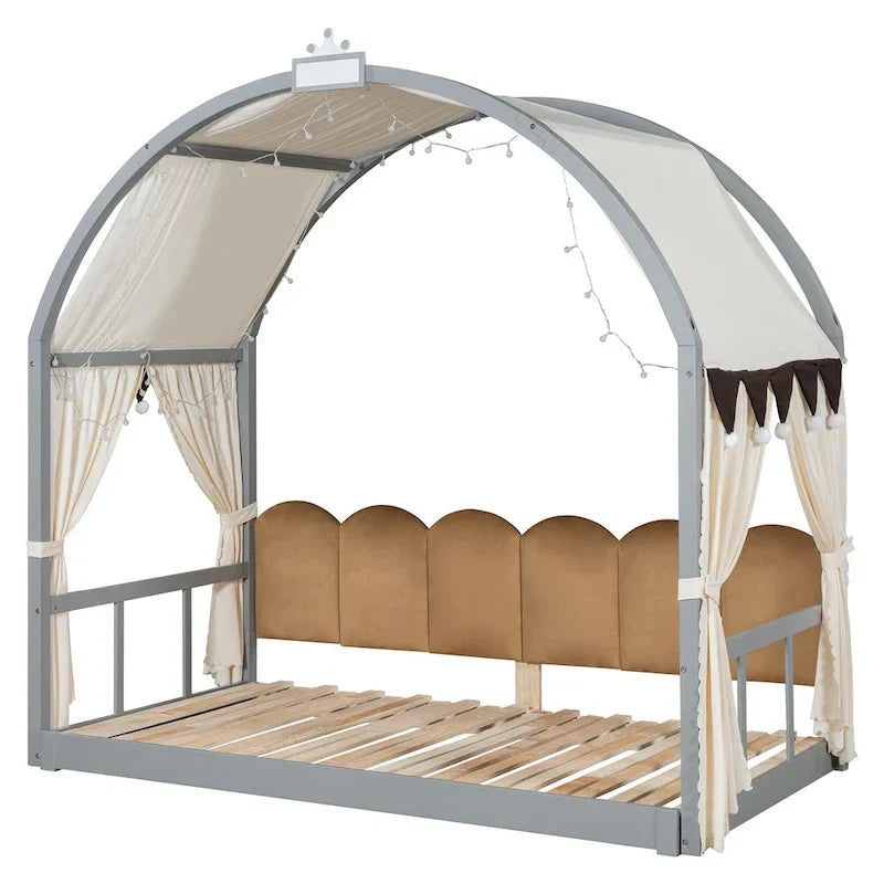 Gray Twin Bed with Arched Canopy and Trundle